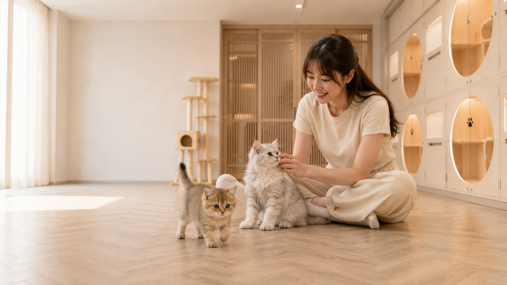 Meowofjen 照顧者與銀白及金漸層幼貓互動